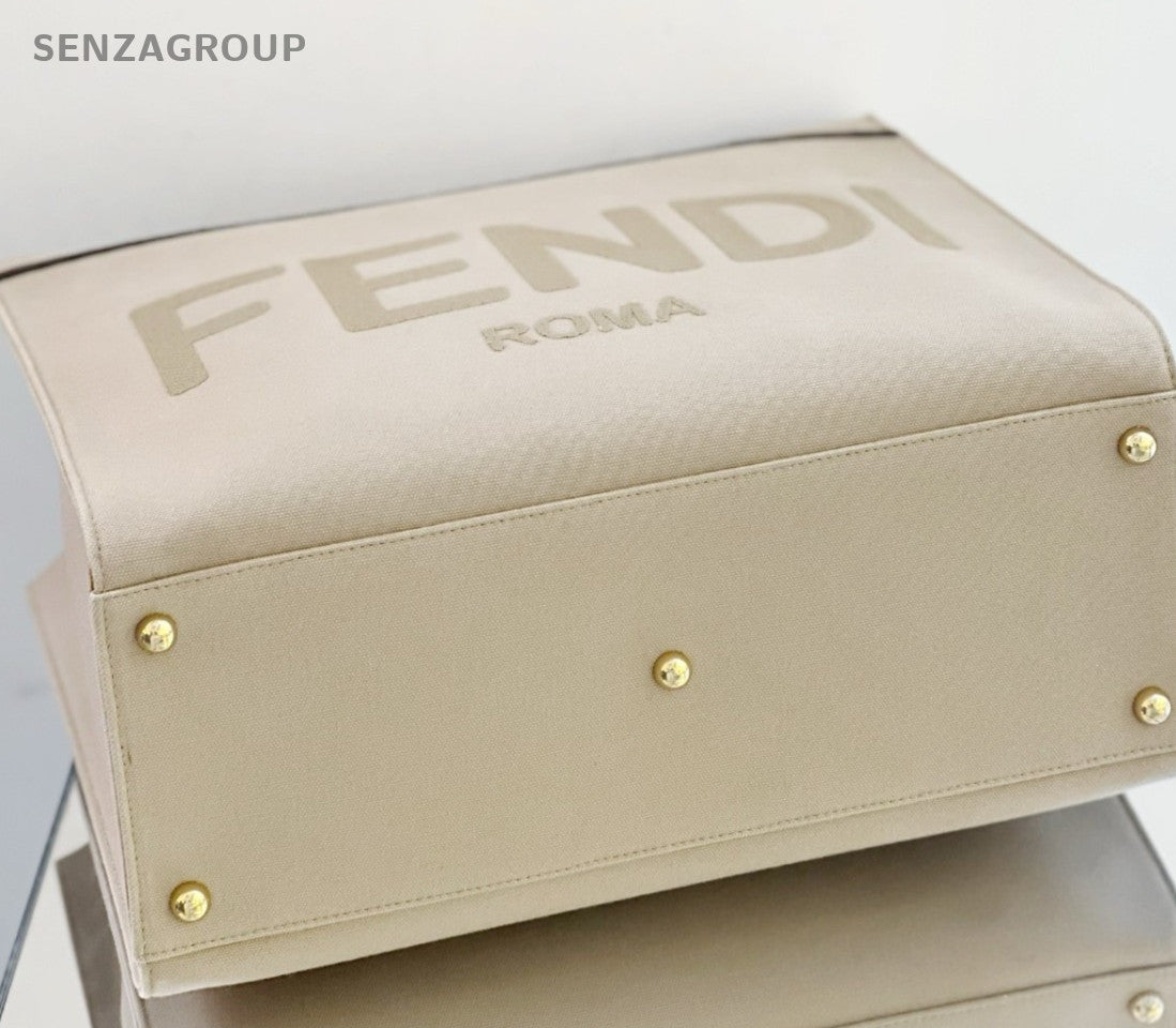 FENDI Sunshine MM Canvas Top Handle Shoulder Crossbody Tote Beige Women