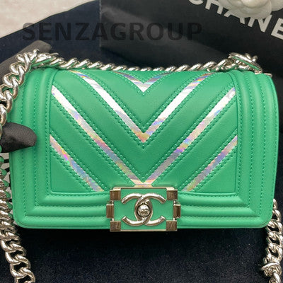 Chanel Small Le Boy Chevron Green Silver Chain Shoulder Bag Women Classic