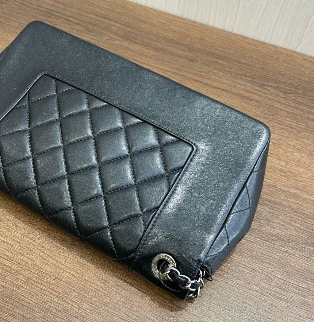 Chanel Diamond Chain Shoulder Bag Crossbody Black Silver Used Women Classic