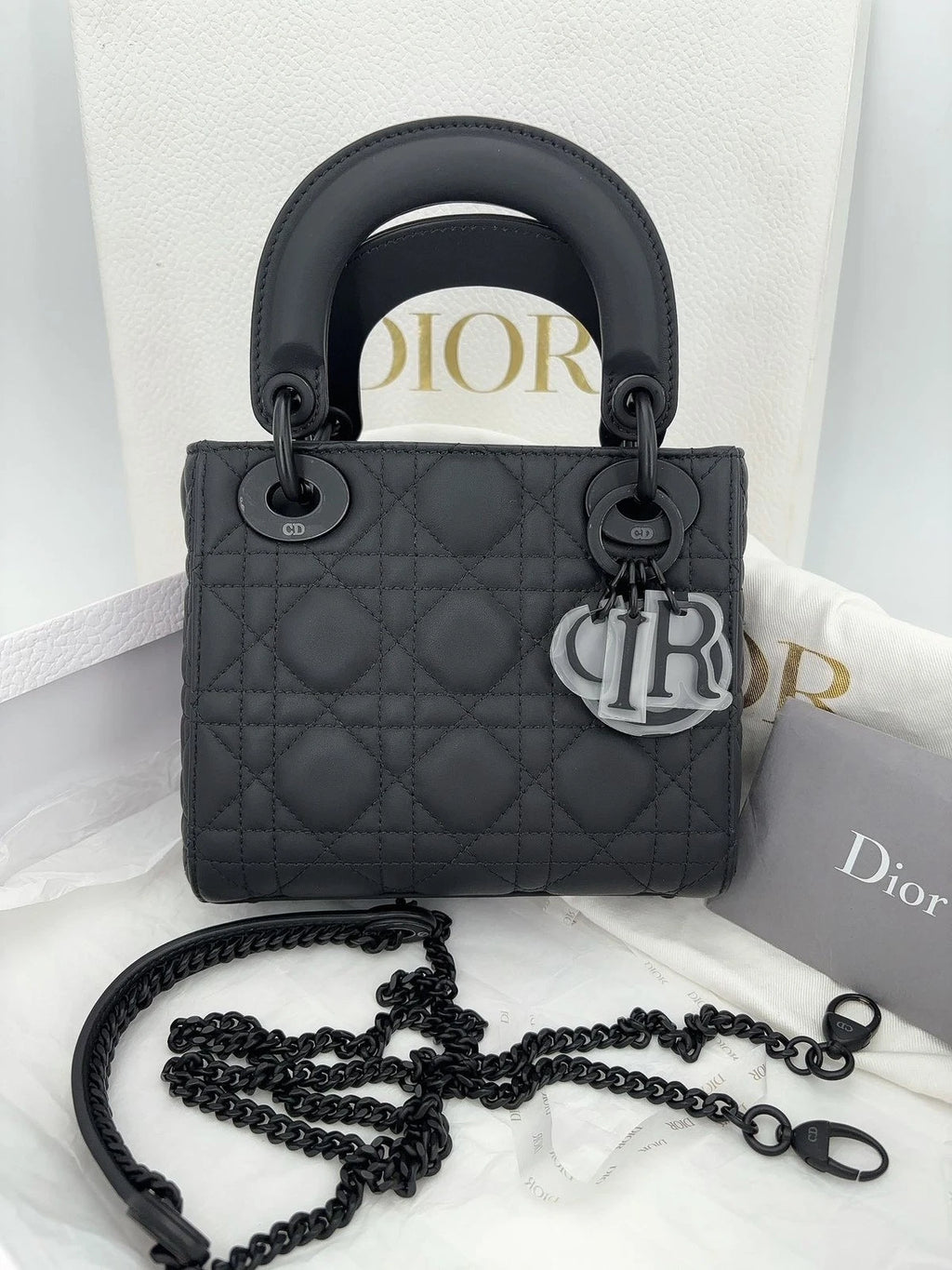 Dior Matte Black Leather 3-Grid Lady Dior Handbag For Women