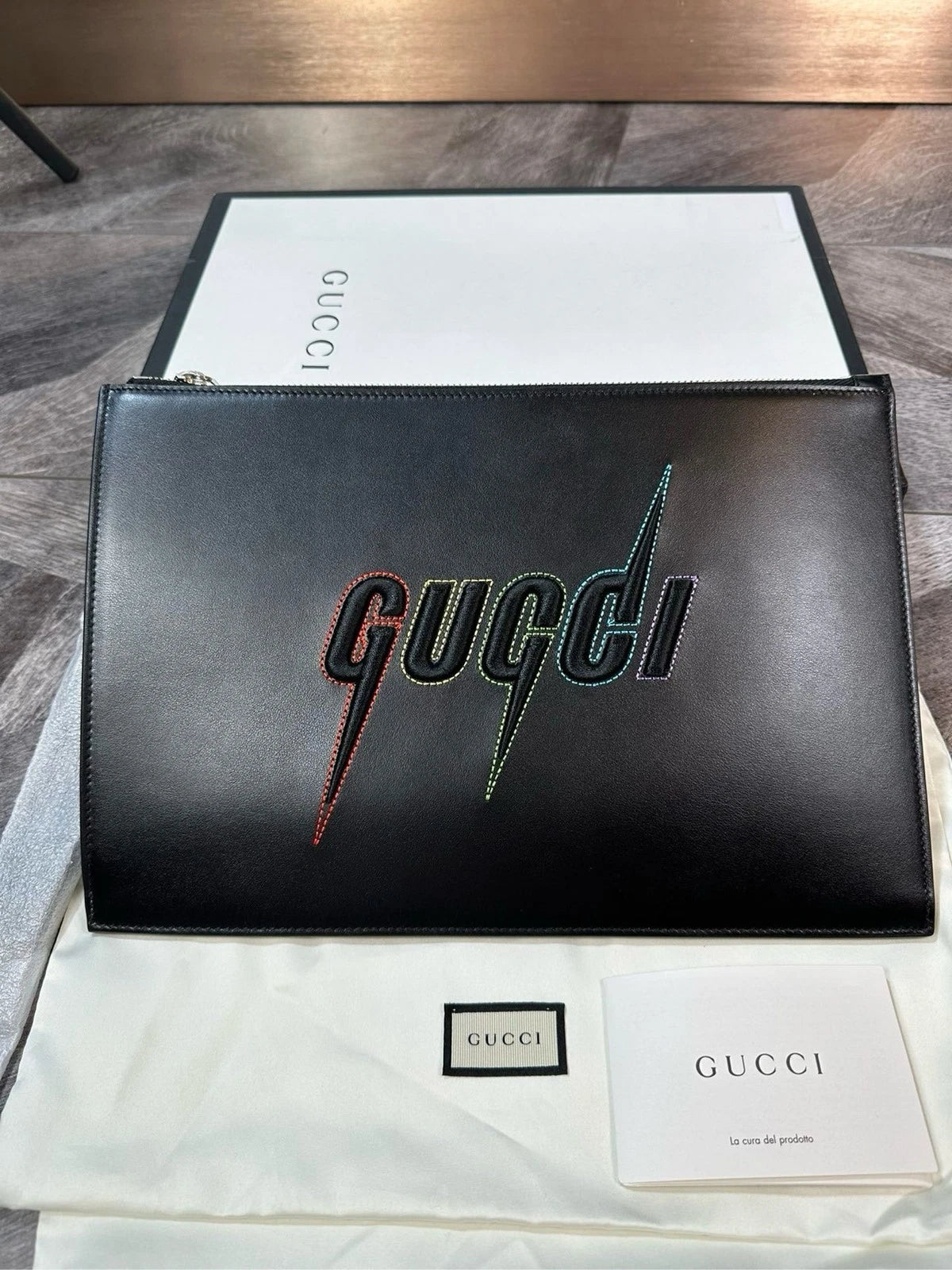 GUCCI Colorful Logo Embroidered Full Leather Clutch Bag Women