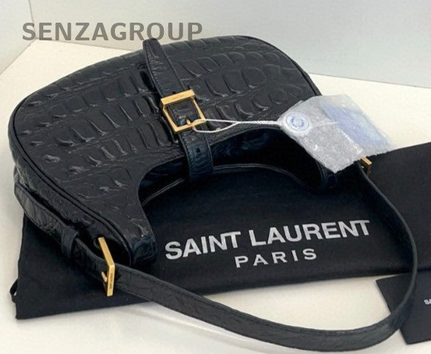 YSL Saint Laurent Croc-Embossed Hobo Shoulder Pea Bag Black Women