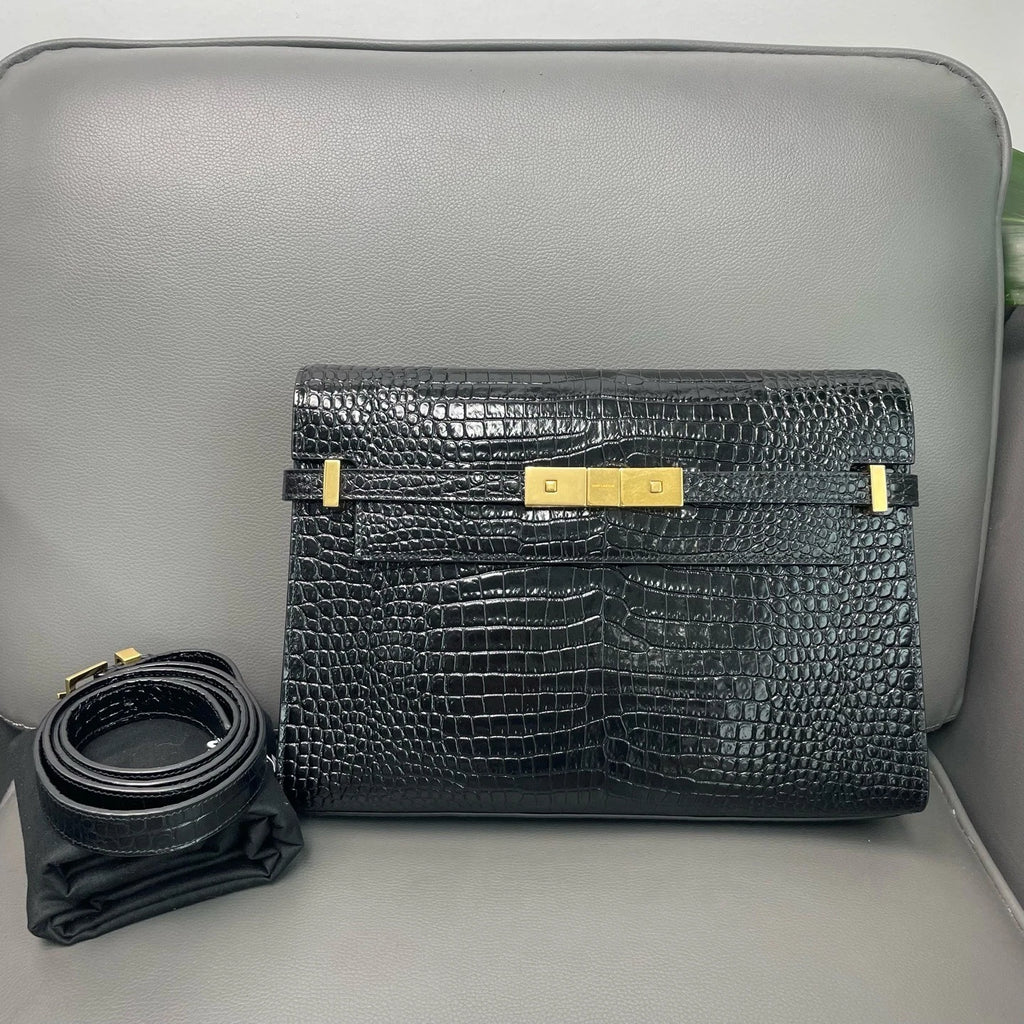 YSL Manhattan Black Crocodile Embossed Leather Bag For Women