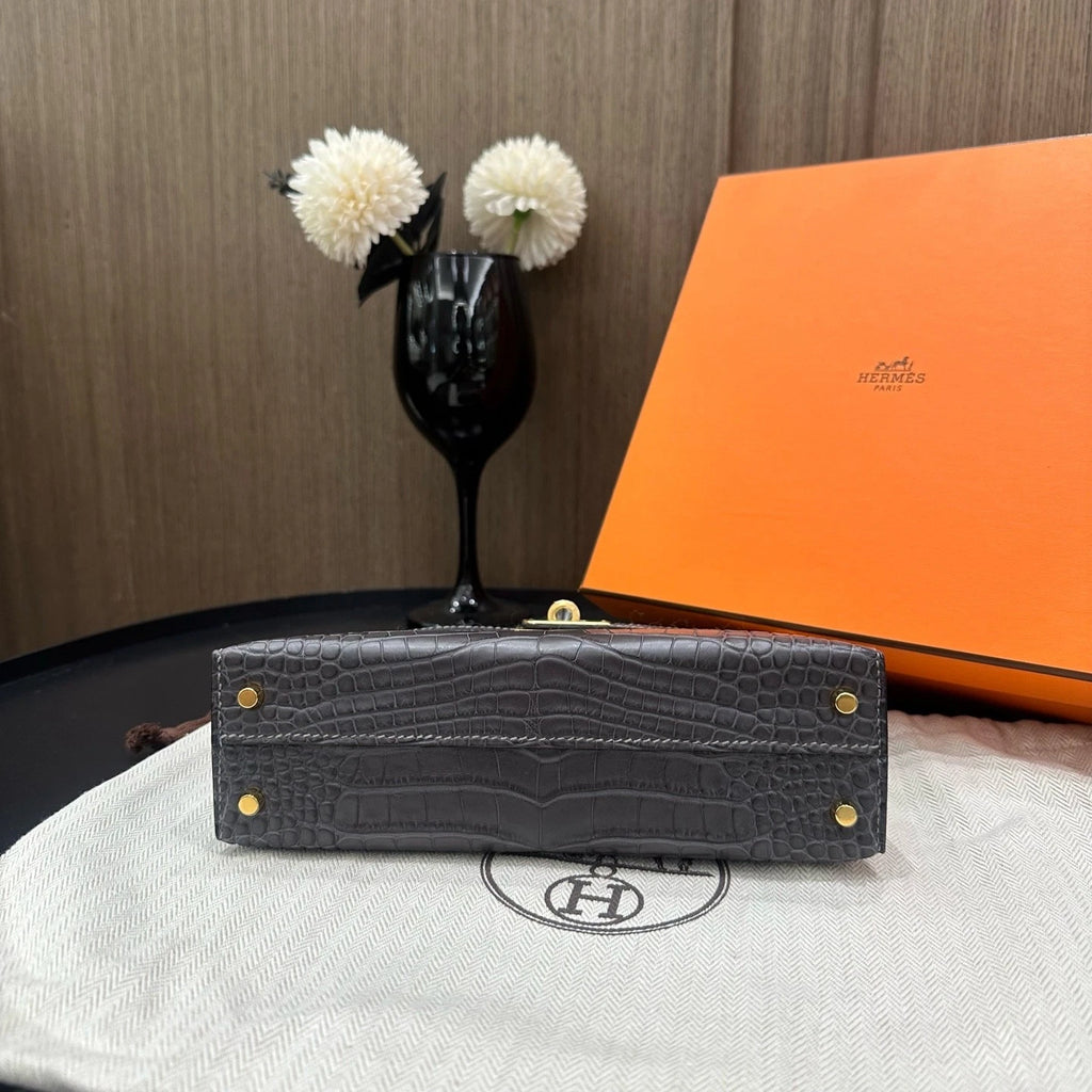 Hermes Mini Kelly 2 Women's Leather Top Handle Bag Grey