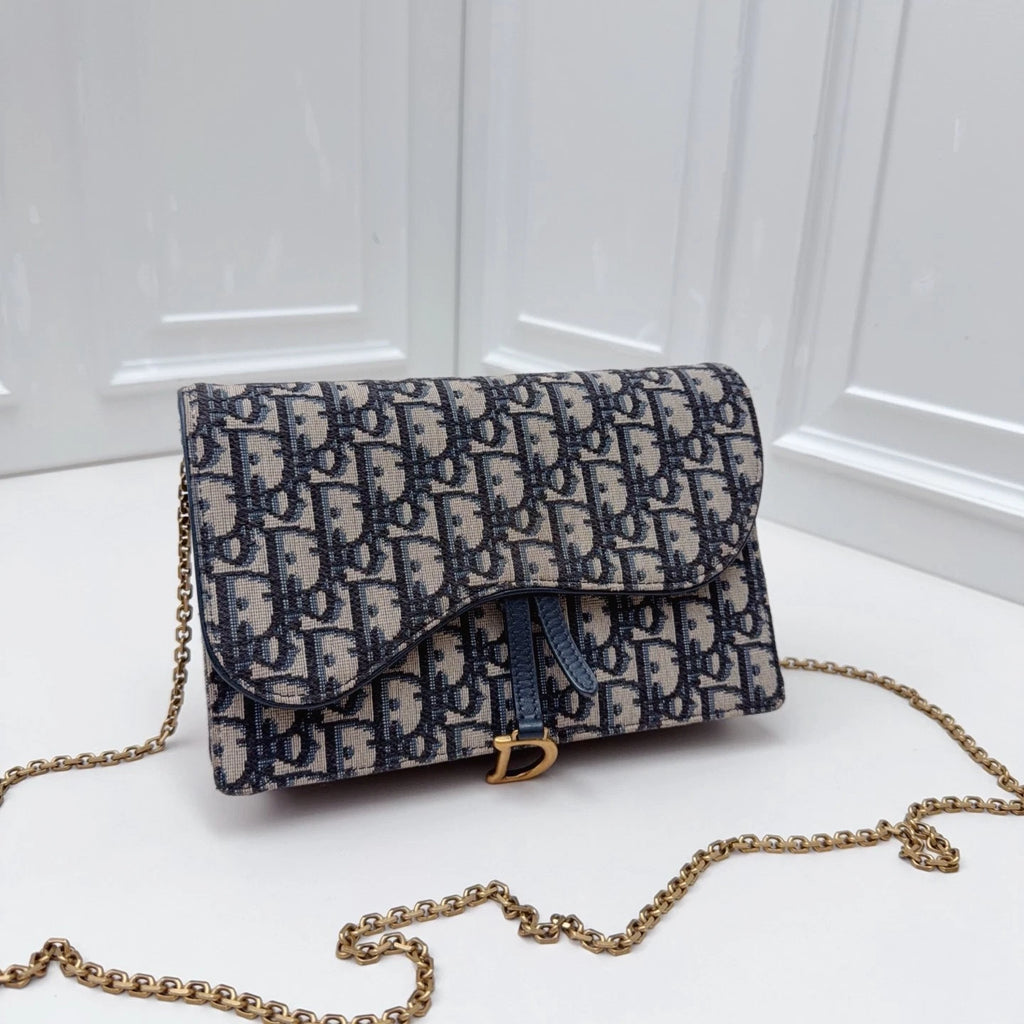 Christian Dior Oblique Canvas WOC Gold Chain Navy Shoulder Bag Crossbody