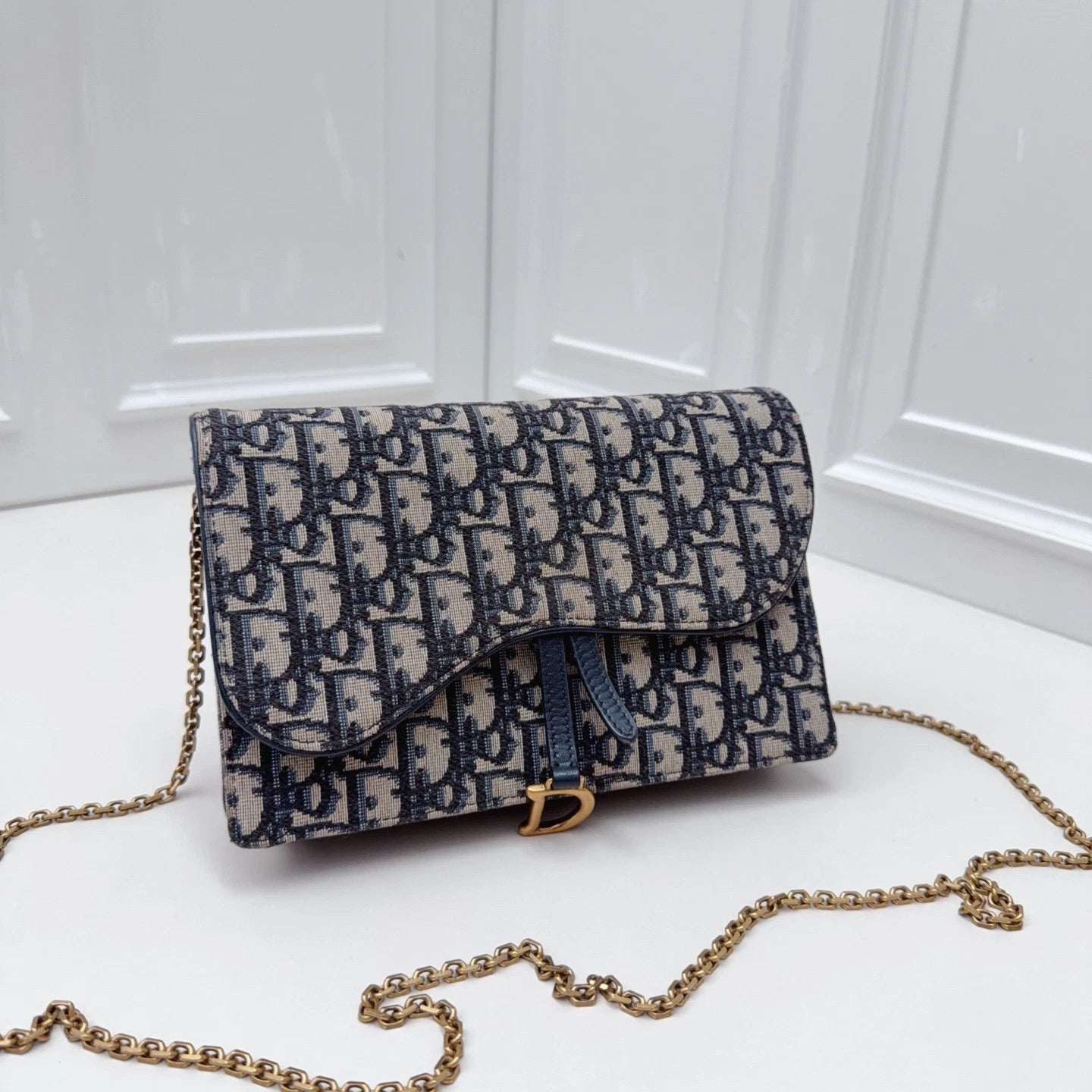 Christian Dior Oblique Canvas WOC Gold Chain Navy Shoulder Bag Crossbody