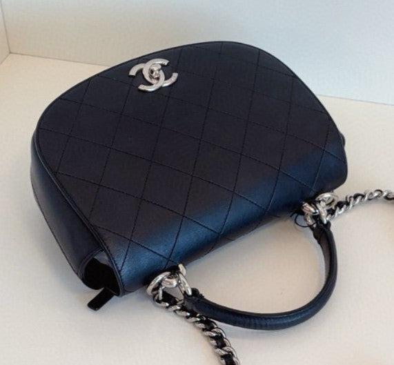 Chanel Diamond Calfskin 2Way Top Handle Chain Crossbody Black Silver Women