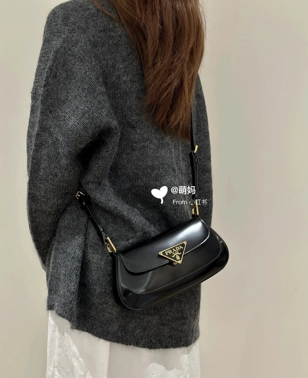 PRADA Black Leather Baguette Shoulder Crossbody Handbag For Women