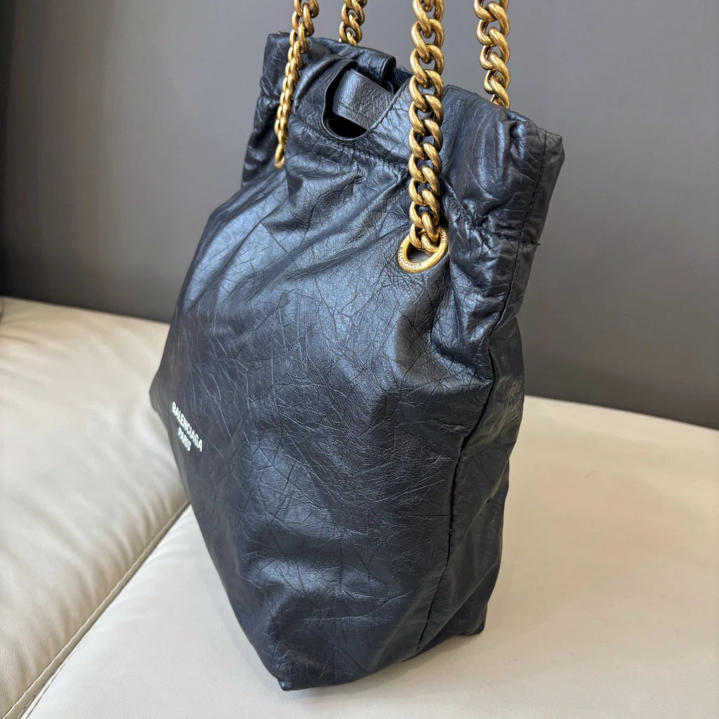 Excellent Balenciaga Crush PM Black Bucket Chain Shoulder Bag Gold Hardware