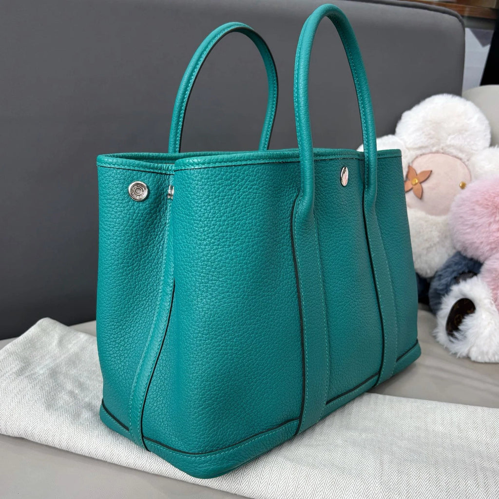 Hermes Garden Party30 Top Handle Bag Green Silver Women Classic