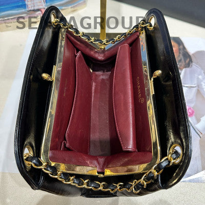 Chanel Vintage Black Gold Leather Chain Shoulder Bag Classic Women