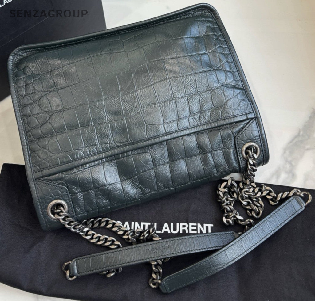 YSL Saint Laurent Niki MM Alligator pattern Chain Shoulder bag Women Dark Green