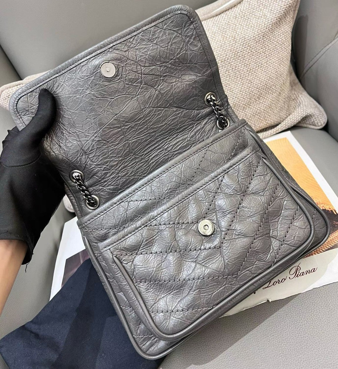 Saint Laurent Niki PM Chain Shoulder Bag Gray Silver Used Women Classic