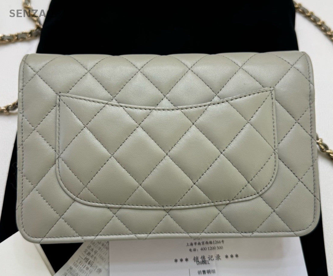 Chanel WOC Chain Lambskin Shoulder Bag Crossbody Gray Gold Used Women Classic