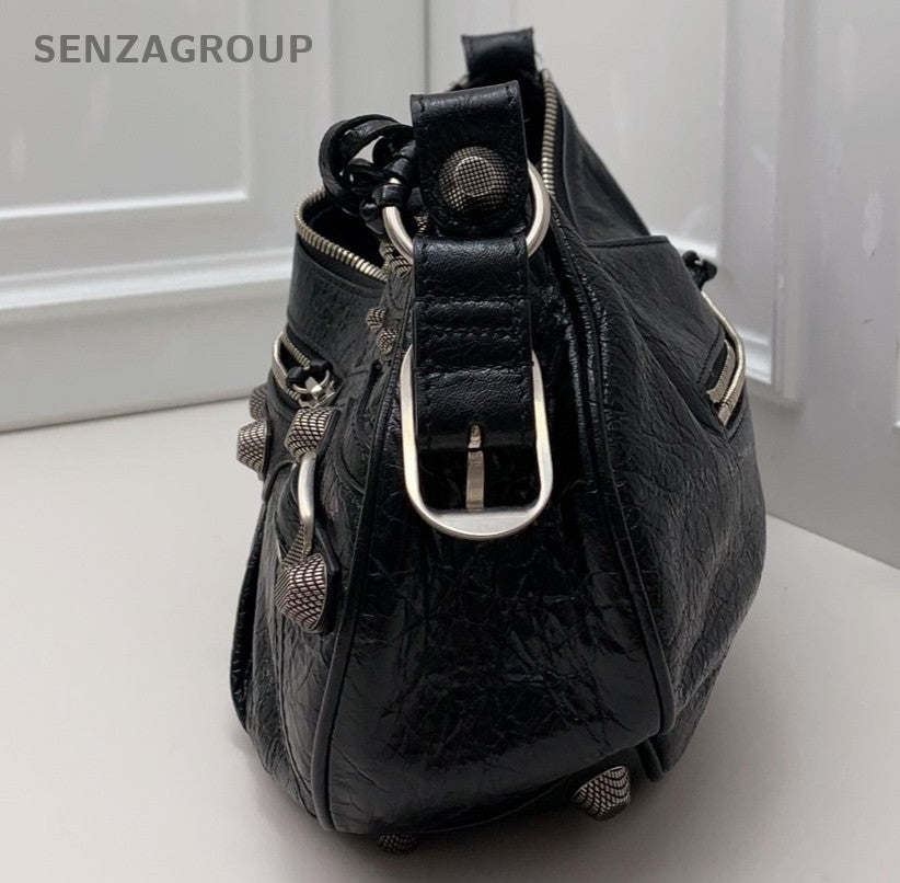 Balenciaga City 2Way Crossbody Shoulder Bag Black Silver Women Classic Fashion