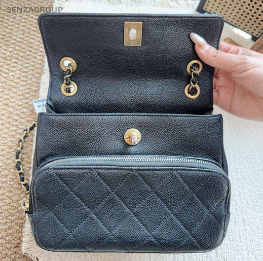 Chanel Calfskin PM Chain Shoulder Bag Black Gold Used Women Classic Diamond