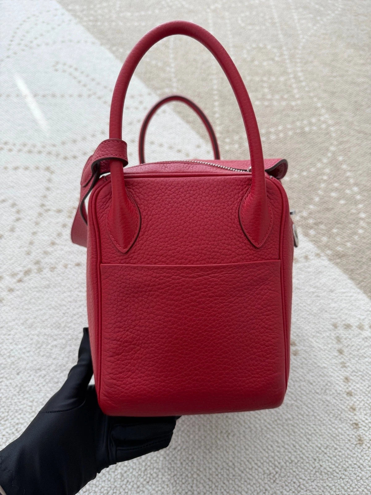 Hermes Lindy30 TC Leather Top Handle Shoulder Bag Red Silver Women Classic
