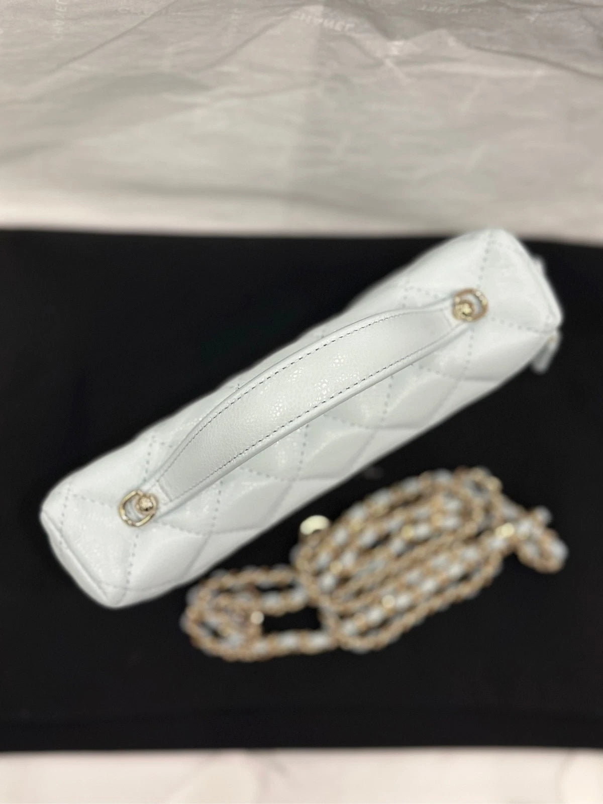 Chanel Light Blue Leather Detachable Gold Chain Lunch Box Bag For Women