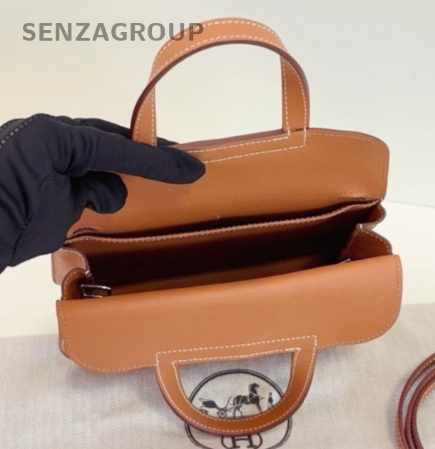 Hermes Halzan Mini Top Handle Bag Crossbody Brown Silver Women Classic