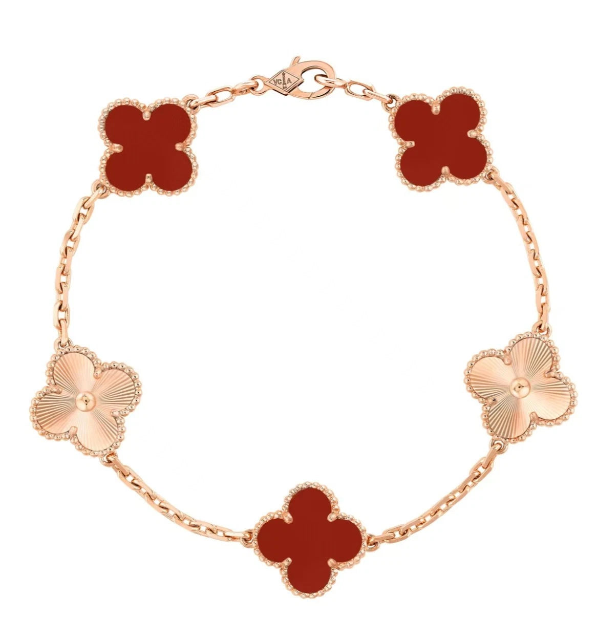 Van Cleef &amp; Arpels Vintage Alhambra Carnelian 18k Rose Gold Guilloche Bracelet