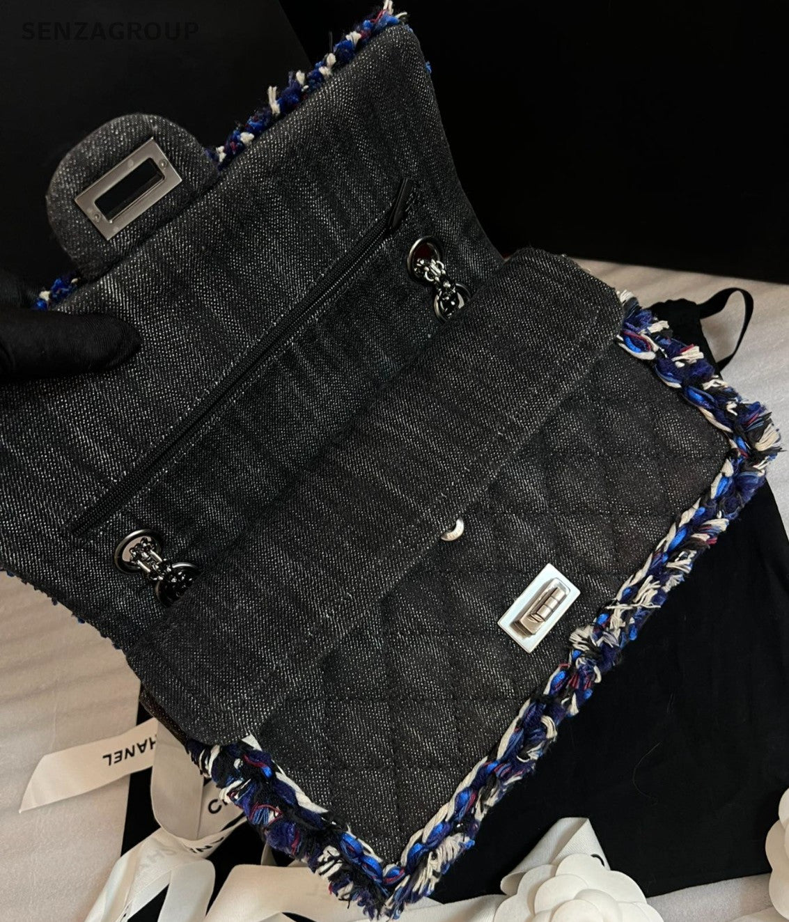 Chanel 2.55 Chain Crossbody Shoulder Bag Blue Black Silver Women Diamond Classic