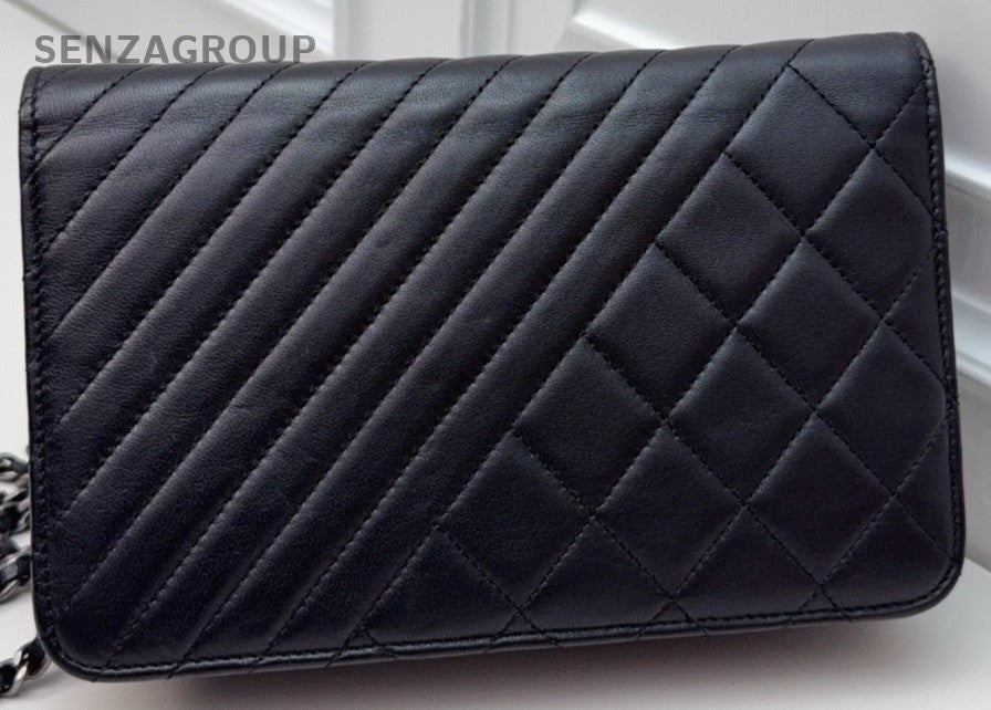 Chanel WOC Lambskin Chain Shoulder Bag Crossbody Black Silver Used Women Classic