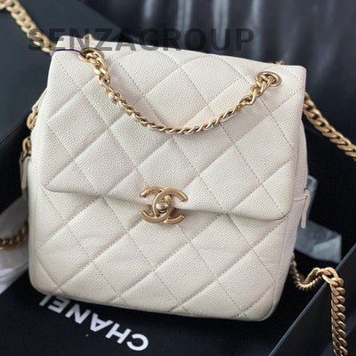 Chanel Quilted Chain Backpack White Gold Hardware Classic Fashion Women