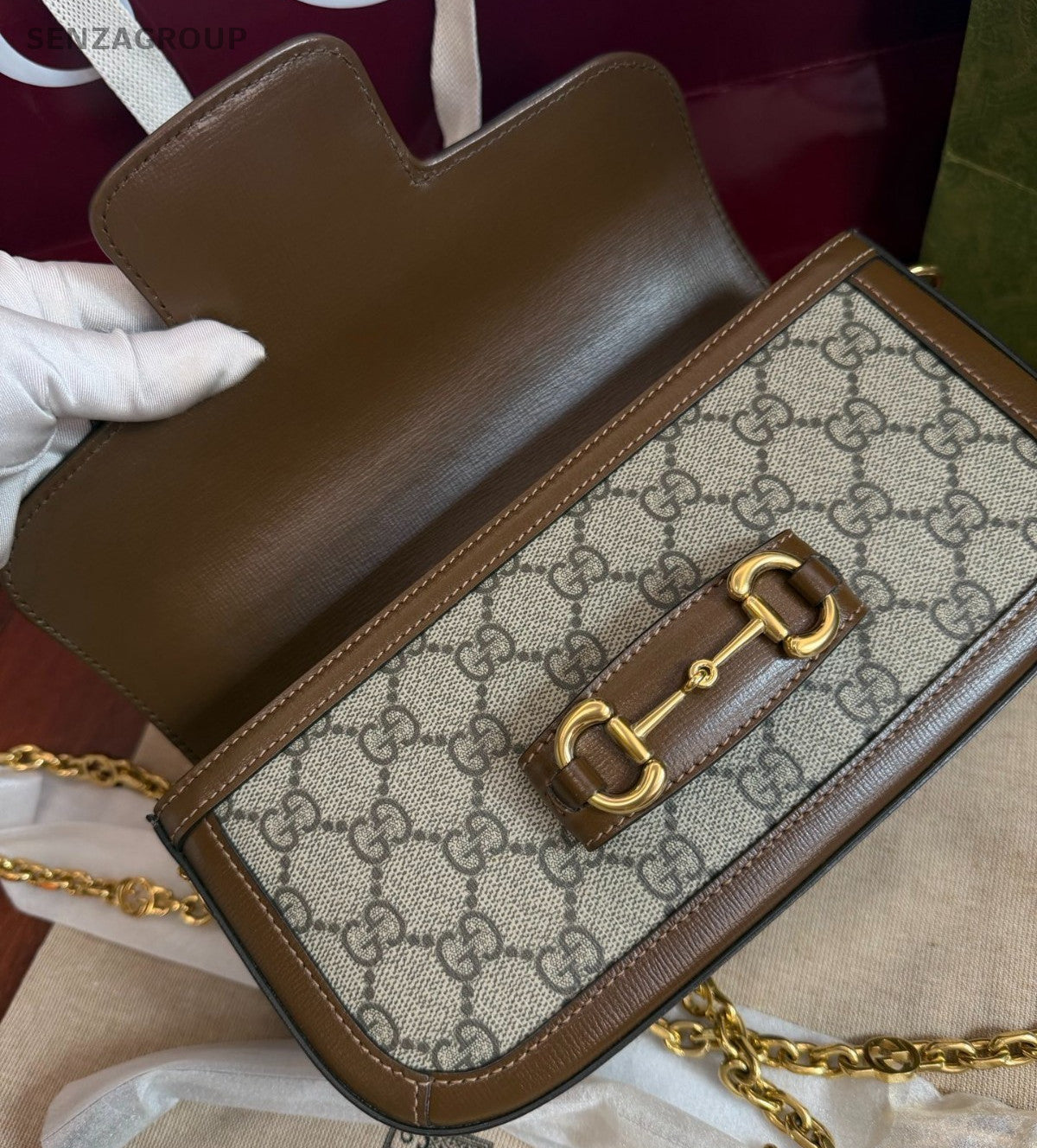 Gucci Horsebit1955 Chain Handbag Shoulder Bag Brown Gold Women Classic