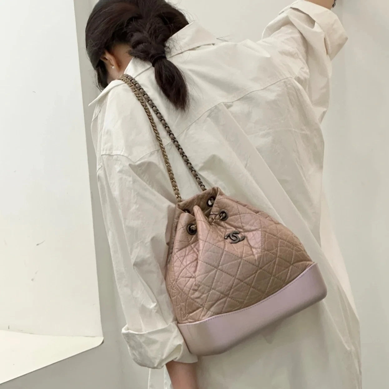 Chanel Gabrielle MM Chain Backpack Shoulder Bag Gray Gold Women Classic