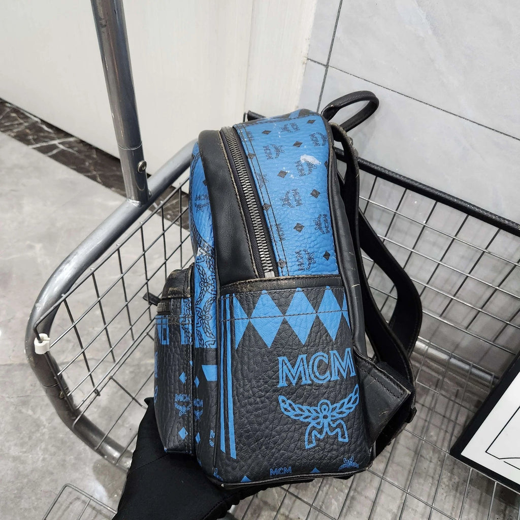 MCM Canvas Coated Black Blue Graffiti Rivet Backpack for Women