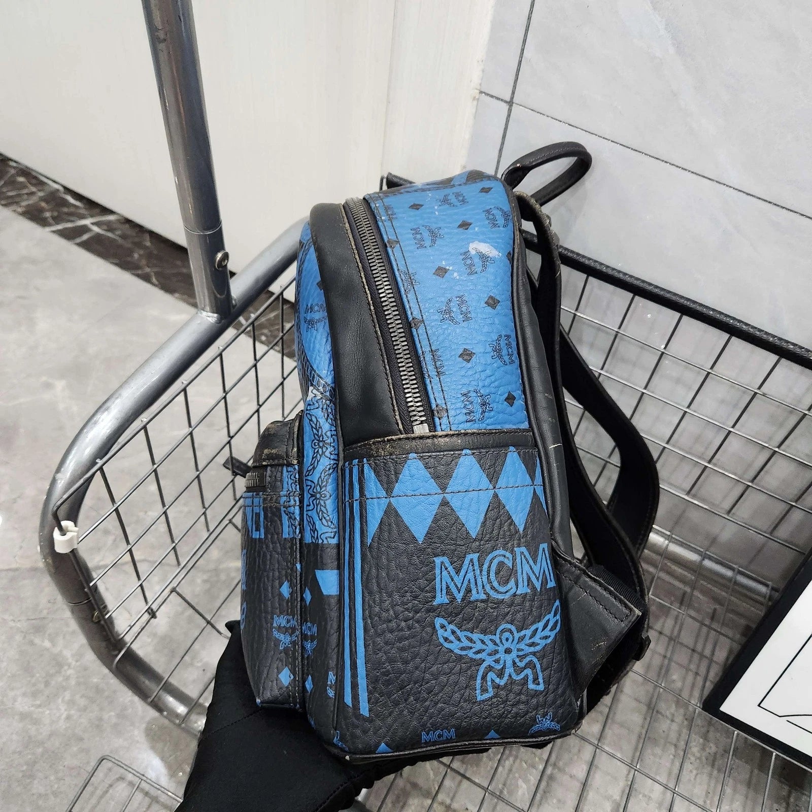 MCM Canvas Coated Black Blue Graffiti Rivet Backpack for Women