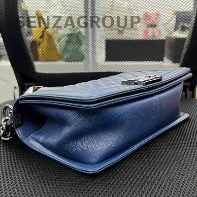 Chanel Le Boy Medium Blue Silver Calfskin Chain Shoulder Bag Classic