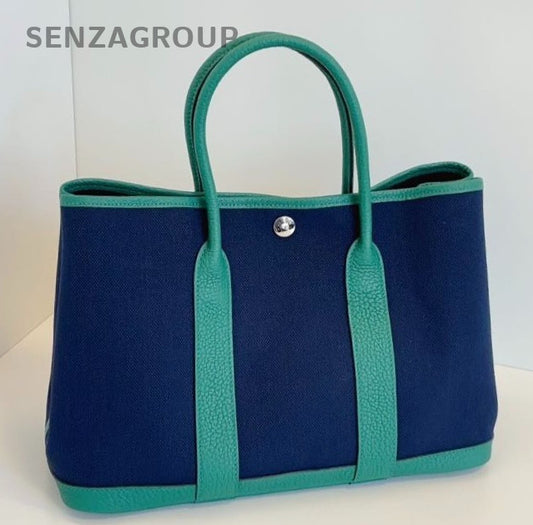 Hermes Garden Party30 Top Handle Bag Green Blue Silver Used Women Classic