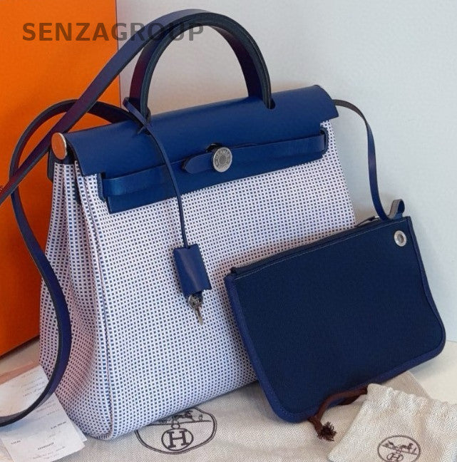Hermes Herbag Zip31 Top Handle Bag Crossbody Blue White Silver Women Classic