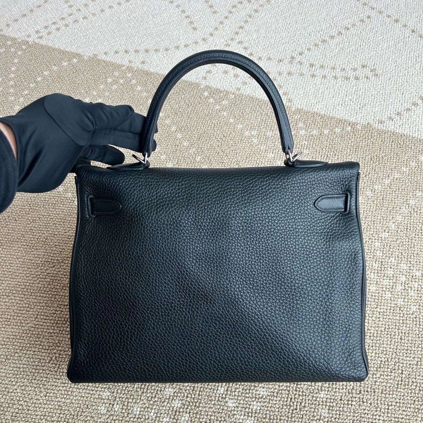 Hermes Kelly35 Top Handle Bag Crossbody Black Silver Women Classic