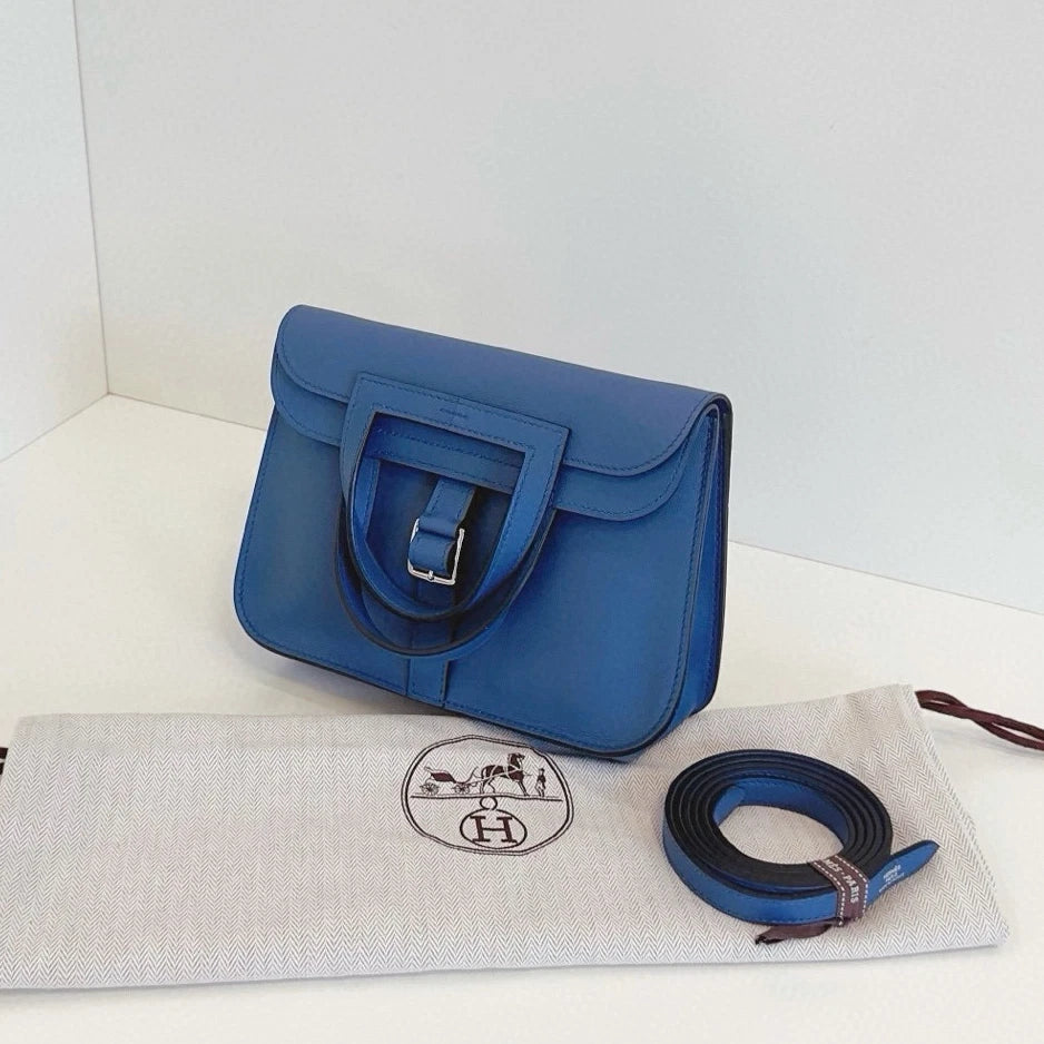 Hermes Halzan Mini Top Handle Crossbody Blue Silver Women Classic Fashion