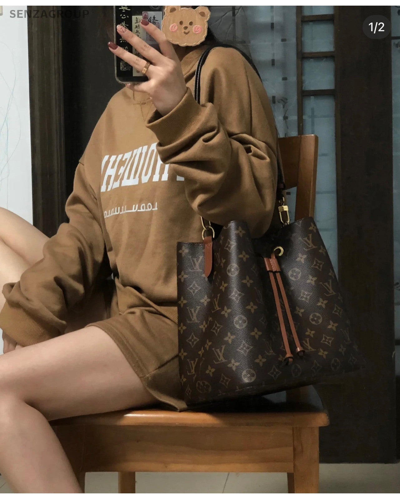 Louis Vuitton Monogram Bucket Shoulder Crossbody Bag Brown Women Brand New
