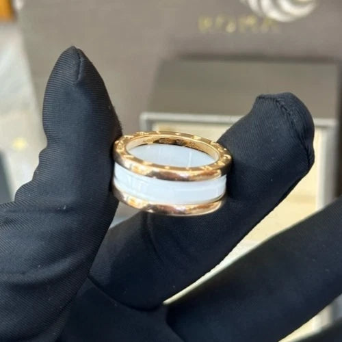 Bvlgari B.zero1 18k Rose Gold White Ceramic 2 Band Ring Eu52/us6 Excellent