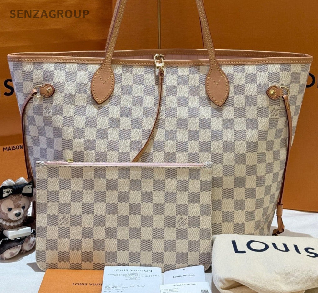 Louis Vuitton Neverfull MM White Damier Tote Shoulder Bag Women Classic