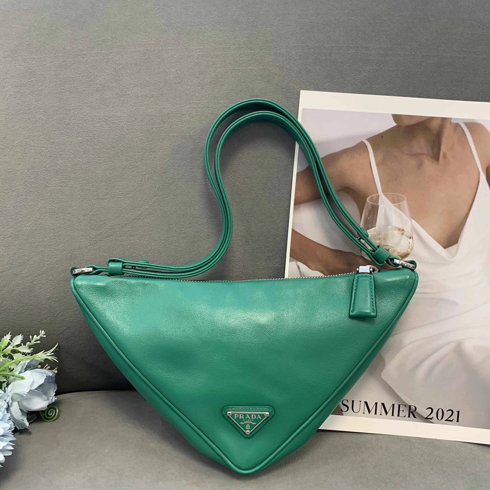 Prada Leather Triangle Embossed Logo Women Shoulder Underarm Bag