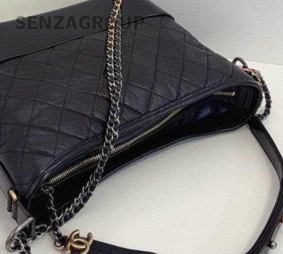 Chanel Gabrielle MM Diamond Chain Shoulder Bag Black Silver Women Classic