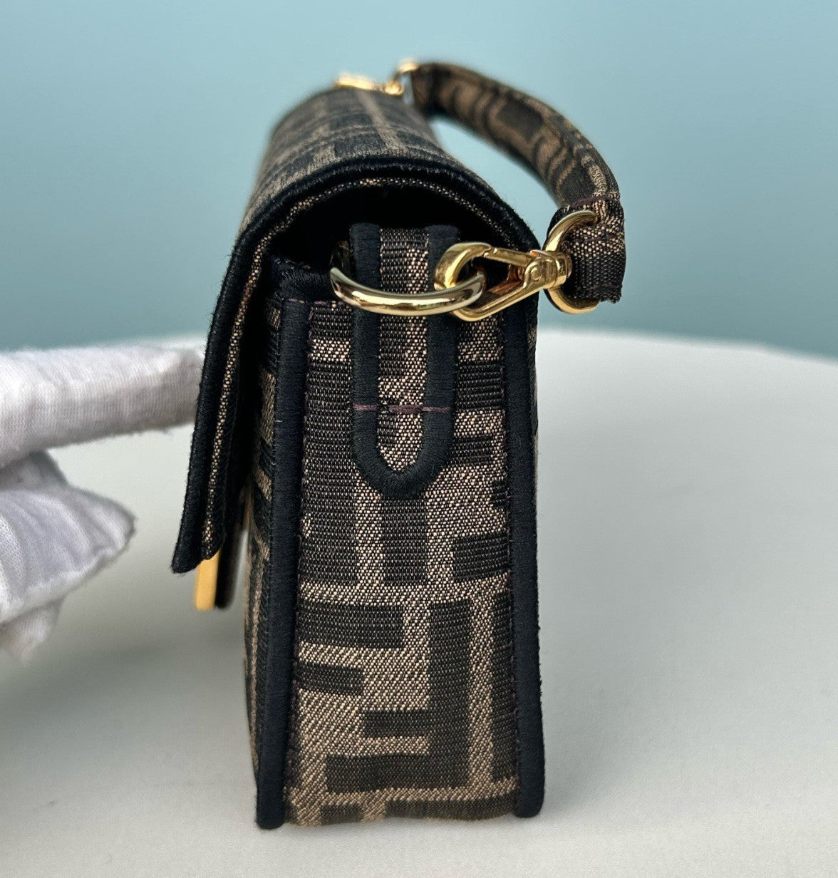 Fendi Baguette Mini Chain Top Handle Crossbody Brown Gold Women Classic