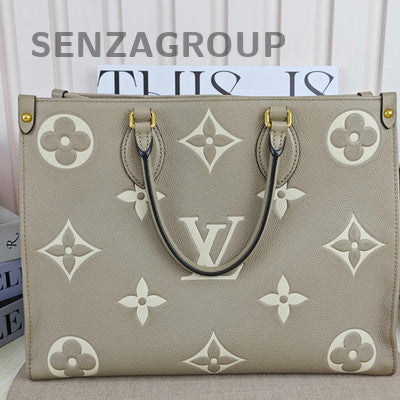 Louis Vuitton OnThego MM Grey Gold Leather Tote Bag Women's Classic Fashion