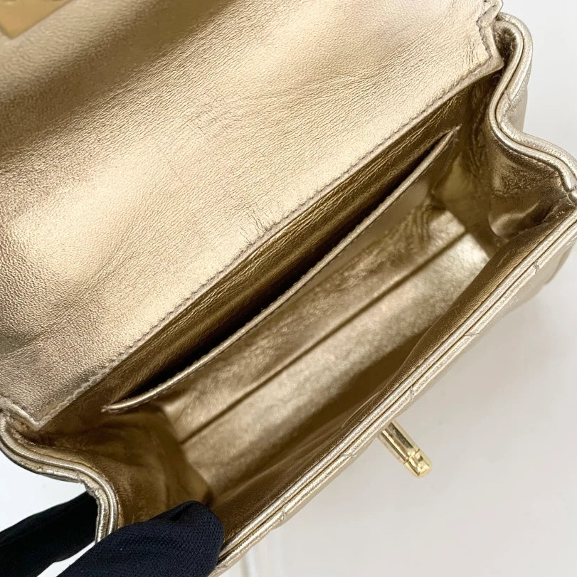 Chanel Lambskin Chain Top Handle Bag Diamond Gold Women Classic S