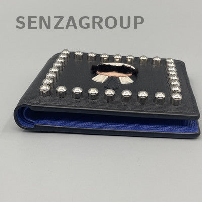FENDI Studded Short Wallet Black Blue Women Classic
