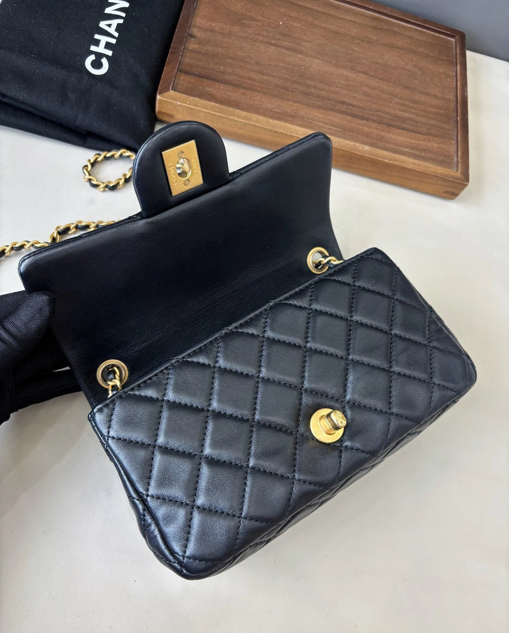 Chip Version Chanel Flap Big Mini Lambskin Gold Chain Black Shoulder Bag