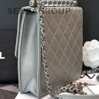 Chanel Grey Quilted Bag with Silver Pearl Chain Strap