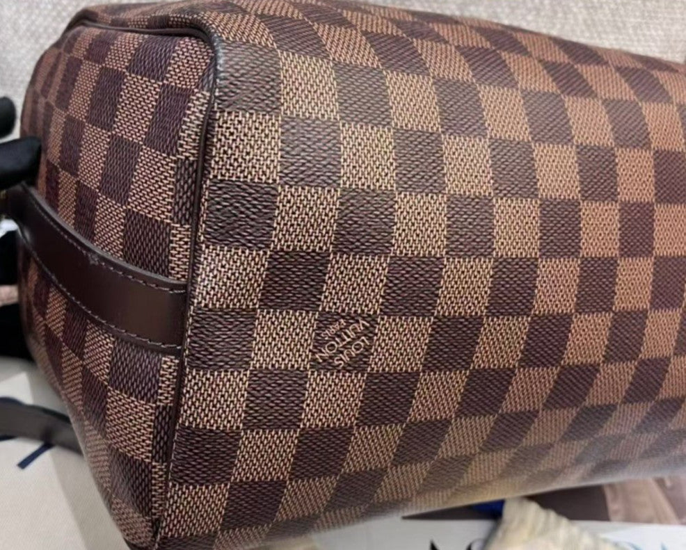 Louis Vuitton Speedy25 Damier Ebene Top Handle Bag Crossbody Brown Gold Women