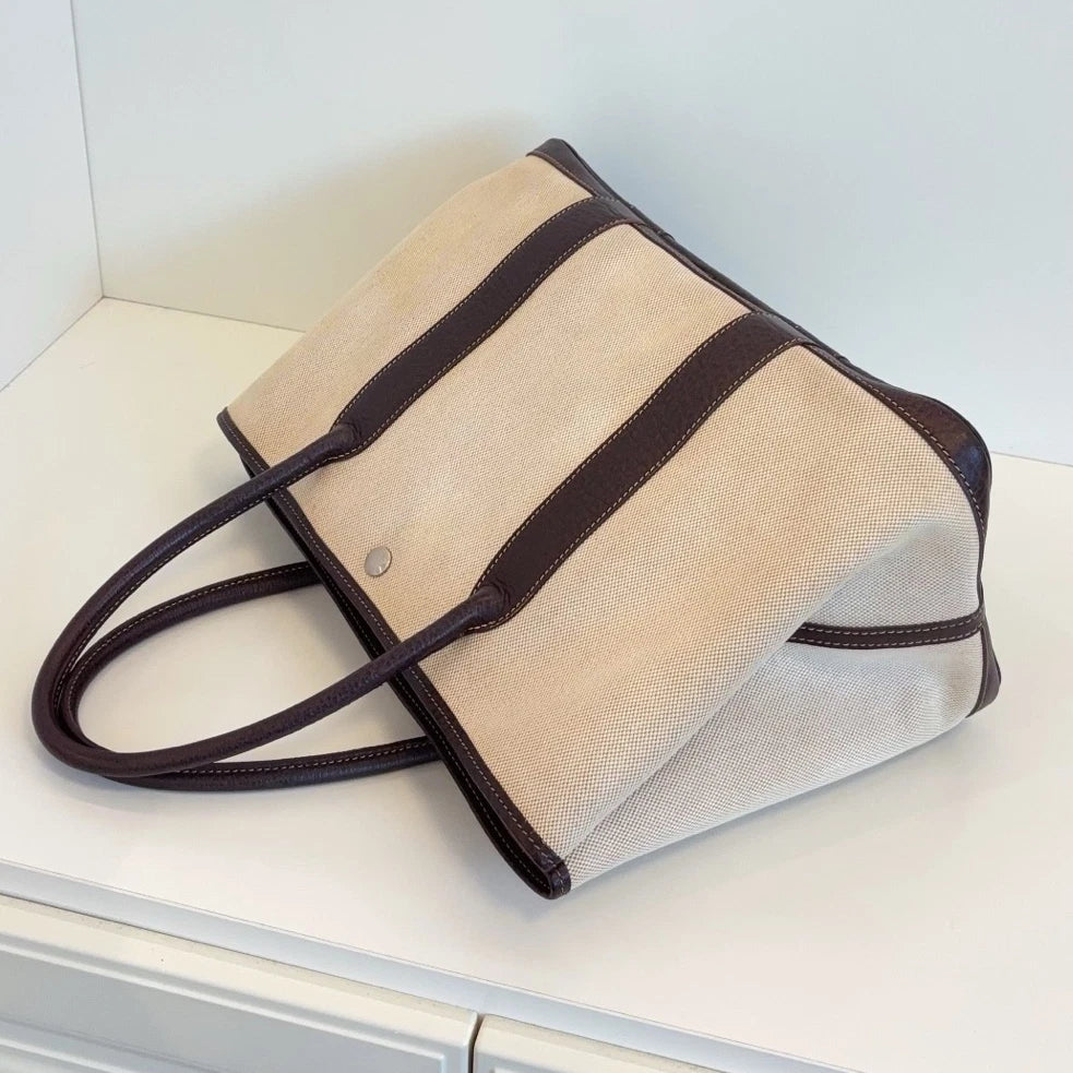 Hermes Garden Party 36 Canvas Tote Top Handle Bag Beige Black Women Classic