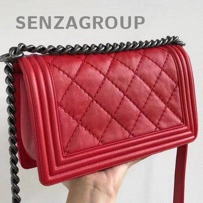 Chanel Le Boy Medium Red Silver Hardware Lambskin Quilted Chain Shoulder Bag